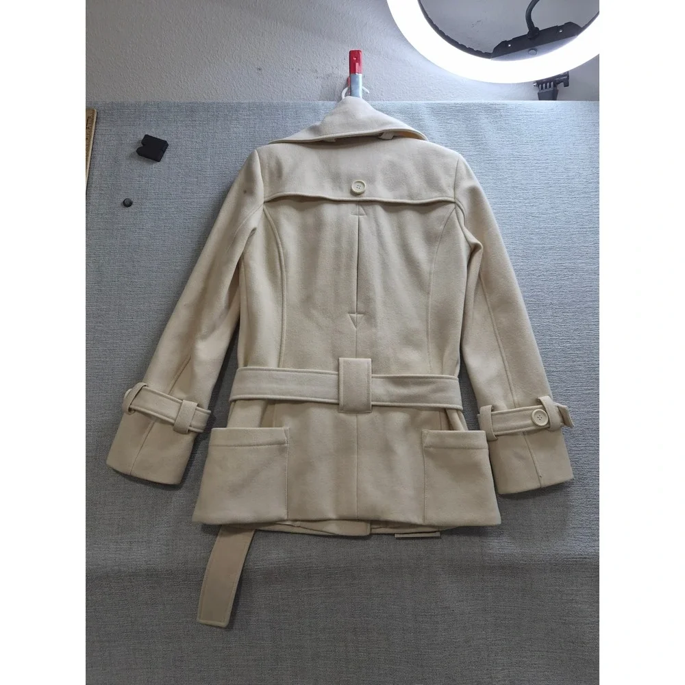 Moda International Belted Pea Coat Women Small Beige Wool Double Breasted Winter